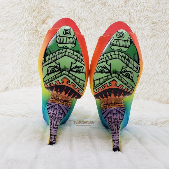 Tiki Gaga Colorful Satin Upper Open Toe Graphic Print Sole Platform Shoes - Picture 6 of 14